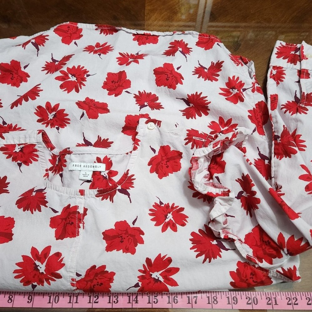 Free Assembly Shirt Womens Large Pink Floral Cotton Ruffle Sleeve High Low Top - Picture 8 of 11